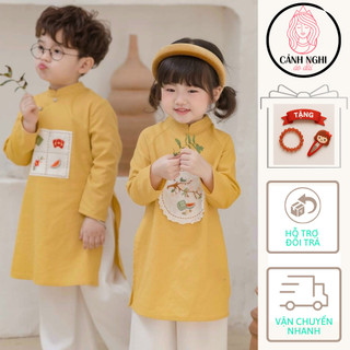  Set quần áo dài tết cho bé in họa tiết ngộ nghĩnh bắt mắt Cảnh Nghi áo dài cách tân chất tơ mềm mịn - AD005 