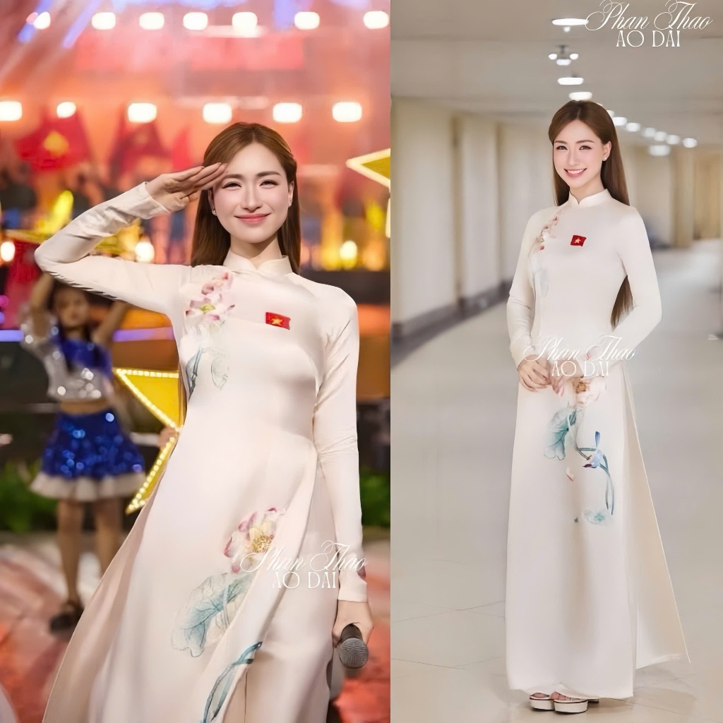 Áo dài lụa gấm thêu hoa sen - Áo dài thiết kế C85 (GHIM CÀI LOGO CỜ )