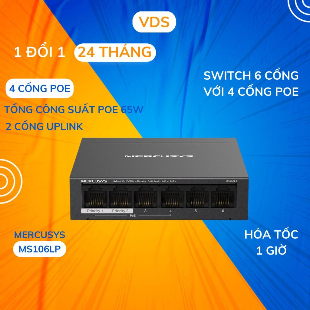 Switch Chia Mạng Mercusys MS106LP 6 cổng 10/100Mbps với 4 cổng PoE+, vỏ kim loại BH 2 Năm