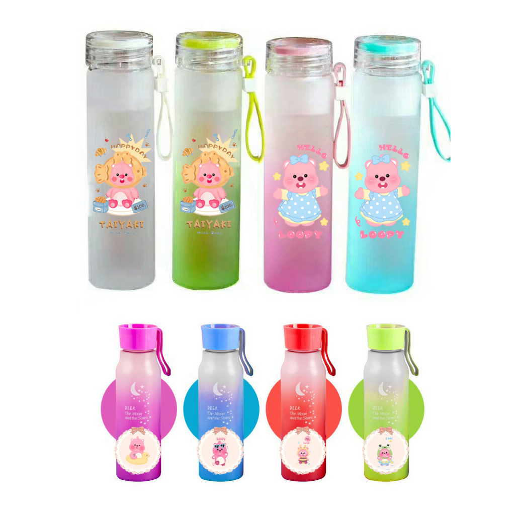 Bình nước trăng sao pastel hải ly loopy bình nước thuỷ tinh BNHU23 dễ thương hoạt hình