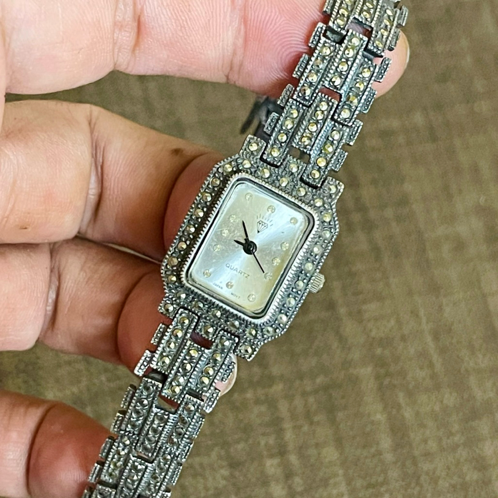 Đồng hồ tank nữ hiệu DIAMOND bạc đúc 925 mạ si thái, đính đá quý Marcasite - Chính hãng, Nhật Bãi [2