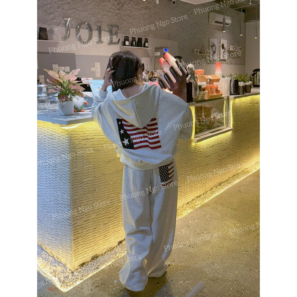 Bộ Đồ Nữ Thu Đông Có Mũ From Rộng Cao Cấp Cờ Mỹ Aastu Nỉ Bông Unisex Nam nữ Chất Hàn Quốc Xuất Xịn Dày Dặn Siêu Ấm 2026