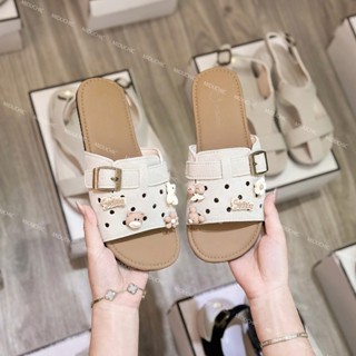 Dép Nữ MIDU AURA Đính Charm Gấu Khóa Gài Da Lộn - Đế Bệt Mềm Êm 3 Màu