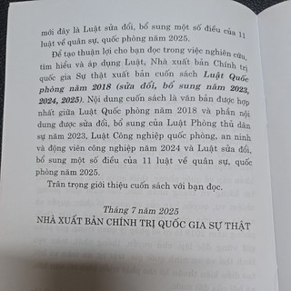 Sách - Luật quốc phòng năm 2018 (Sđ,bs năm 2025) NXB Chính trị quốc gia sự thật