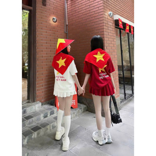  Set 3 món cờ đỏ sao vàng Quốc Khánh áo thun form rộng chân váy dập ly kèm khăn choàng TỰ HÀO VIỆT NAM 