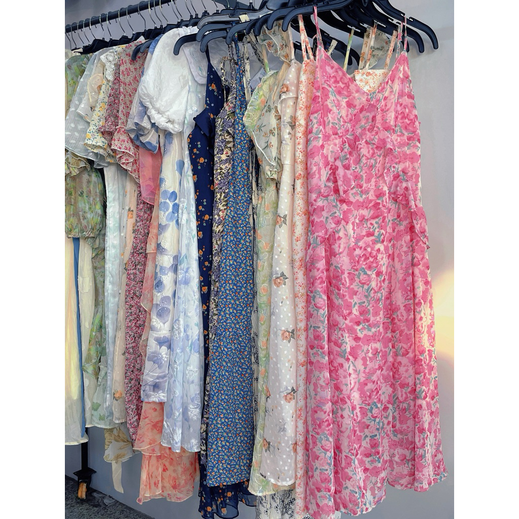 Đầm voan dài 2hand hoạ tiết, hai dây, đi biển, tiểu thư, vintages, cổ điển