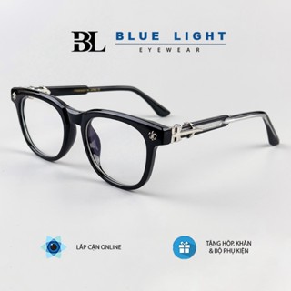 Gọng Kính Cận, Giả Cận Nam Nữ BLUE LIGHT Họa Tiết CH Bo Tròn Nhỏ Nhựa Đen Bóng Chống Ánh Sáng Xanh