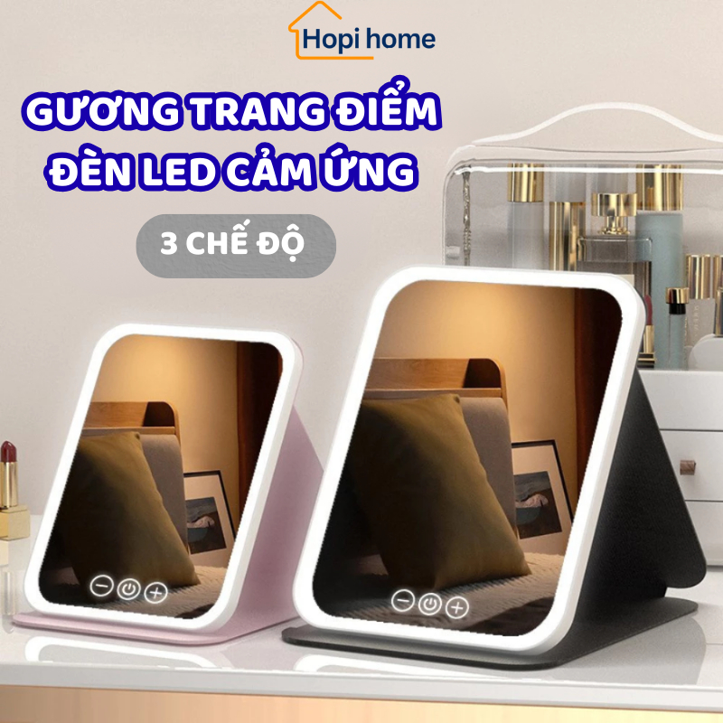 Gương Trang Điểm Đèn LED Cảm Ứng Thông Minh HOPI , Gương Đèn Để Bàn Chỉnh Ánh Sáng, Gương Makeup