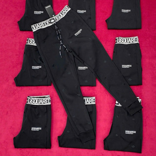 Quần nỉ dài jogger thể thao nam Dsq2 cạp dệt chữ trắng quấn quanh đùi thêu logo kèm lá phong xung quanh