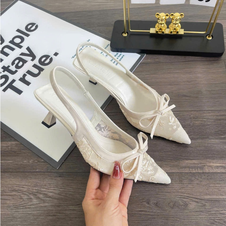 Giày Cao Gót Ren Lưới Thêu Hoa 5P Mũi  Nhọn  Hót Tren Phối  Nơ Hàng Cao Cấp (PT04)