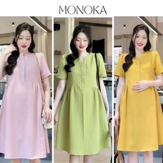  Váy babydoll form rộng cộc tay dài tới gối có dọc cúc 3 màu xanh cốm hồng vàng Đầm bầu nữ ngắn tay không cổ T618G MONOKA 