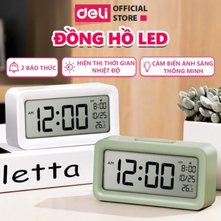   KÈM PIN THAY THẾ  Đồng Hồ LED DECOR Để Bàn Báo Thức DELI màn hình LCD cao cấp đo nhiệt độ báo thức ngày giờ 
