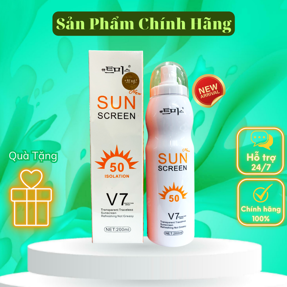 Xịt chống nắng trắng da Sun Screen V7 nâng tone chống nước không bết dính SPF50 200ml - MMA