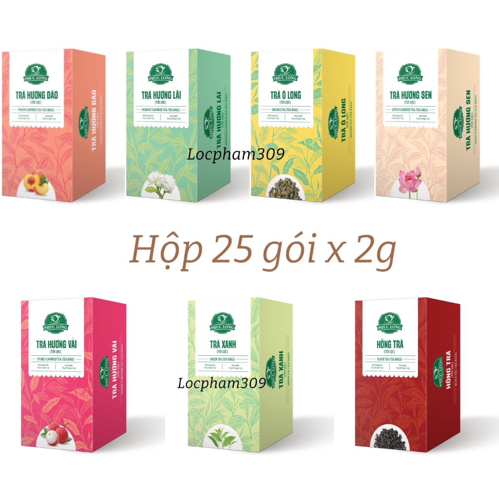 Trà Túi Lọc Phúc Long Đủ Vị 25 gói x 2g Đào Vải Lài Sen Xanh Hồng trà ô long trà phúc long túi lọc