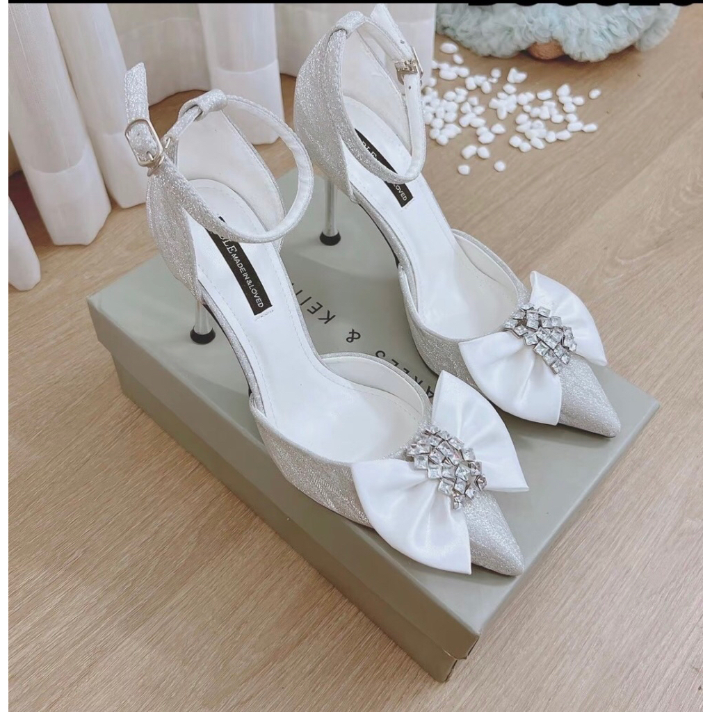 Giày cao gót kim tuyến nơ Lụa Đính Đá Mũi nhọn hậu Bít Gót nọn Cao 8P dành cho nàng đi chơi,đi tiệc | GiayXinhXinh.Store