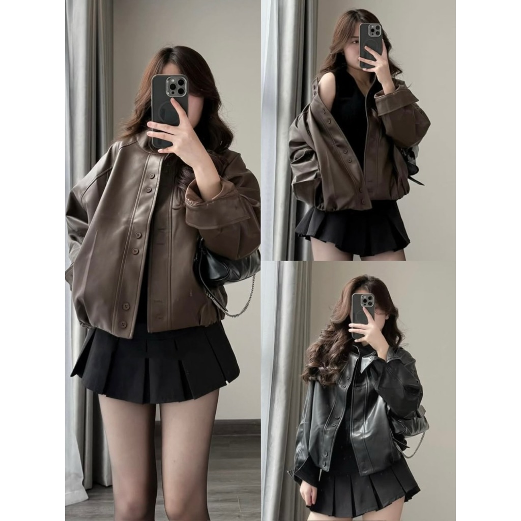  ÁO KHOÁC DA NỮ BOMBER BO GẤU CỔ TÀU FORM OVERSIZE 2 MÀU NÂU ĐEN PHÙ HỢP THU ĐÔNG - DÀNH CHO NỮ 