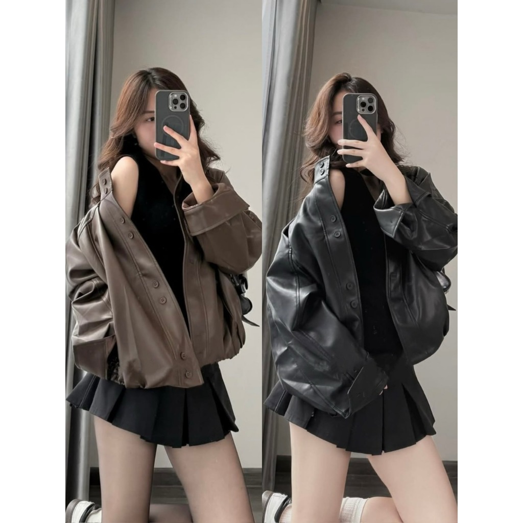 ÁO KHOÁC DA NỮ BOMBER BO GẤU CỔ TÀU FORM OVERSIZE 2 MÀU NÂU/ĐEN PHÙ HỢP THU ĐÔNG - DÀNH CHO NỮ | BigBuy360 - bigbuy360.vn