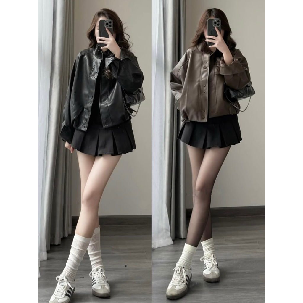 ÁO KHOÁC DA NỮ BOMBER BO GẤU CỔ TÀU FORM OVERSIZE 2 MÀU NÂU/ĐEN PHÙ HỢP THU ĐÔNG - DÀNH CHO NỮ | BigBuy360 - bigbuy360.vn