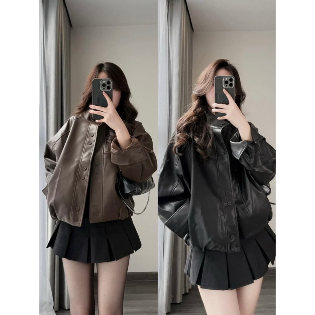 ÁO KHOÁC DA NỮ BOMBER BO GẤU CỔ TÀU FORM OVERSIZE 2 MÀU NÂU/ĐEN PHÙ HỢP THU ĐÔNG - DÀNH CHO NỮ | BigBuy360 - bigbuy360.vn