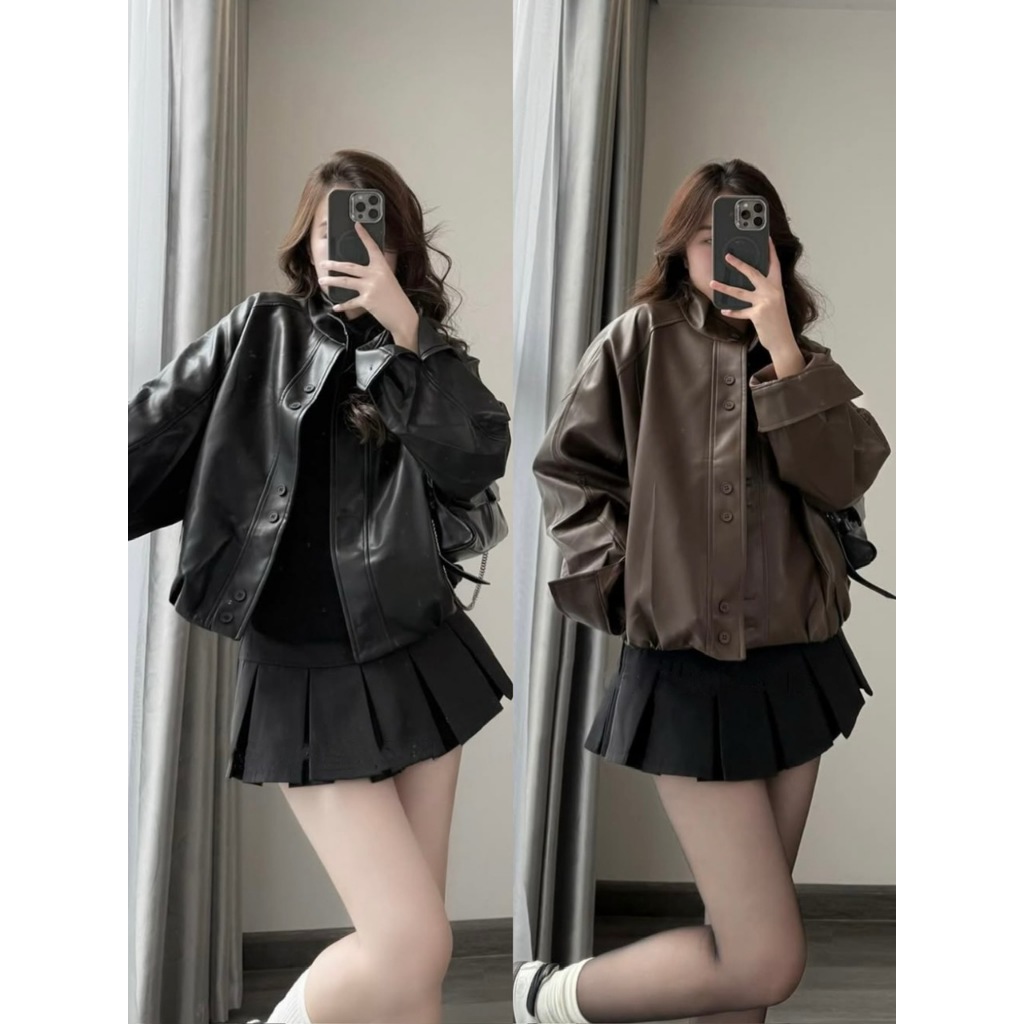 ÁO KHOÁC DA NỮ BOMBER BO GẤU CỔ TÀU FORM OVERSIZE 2 MÀU NÂU/ĐEN PHÙ HỢP THU ĐÔNG - DÀNH CHO NỮ | BigBuy360 - bigbuy360.vn