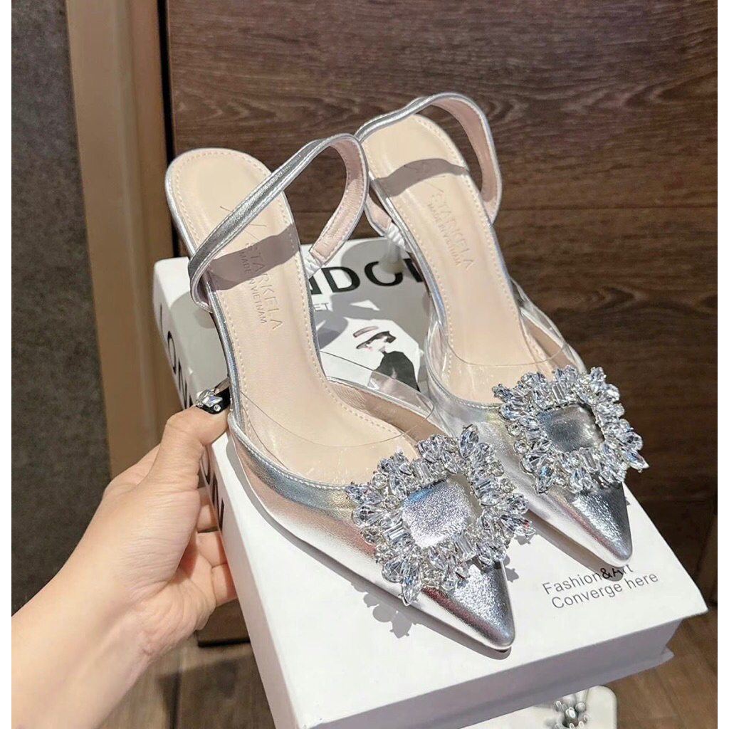 Giày cao gót mũi nhọn hậu dây chun hiệu đá vuông gót nhọn 8p | GiayXinhXinh.Store