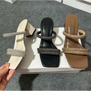 Dép cao gót quai 3 dây đá to lấp lánh mũi vuông đá gót vuông 5 phân sang trọng  | GiayXinhXinh.Store