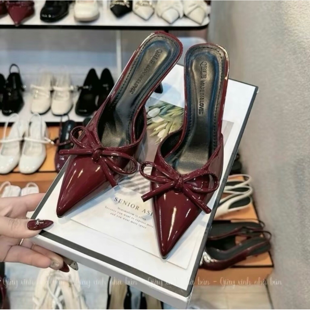Giày Sục Da Bóng Nơ Thắt Mũi Nhọn, Cao Gót 7 Phân