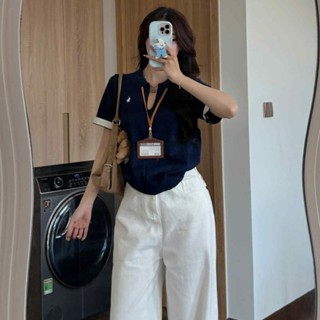 (HAVANA) Áo len MONTOGHI basic cổ tròn dáng rộng logo thêu LEN243