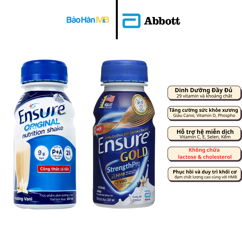  Sữa Ensure Abbott nước  Original Gold  hương Vani - Chai 237ml - Dinh dưỡng đầy đủ 