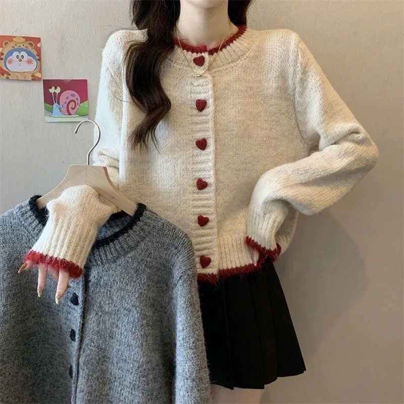 Áo cardigan len 𝒀𝑼𝑴𝑴𝒀 phối viền, Áo len cardigan dệt kim cúc trái tim phong cách Hàn Quốc CA35 | BigBuy360 - bigbuy360.vn