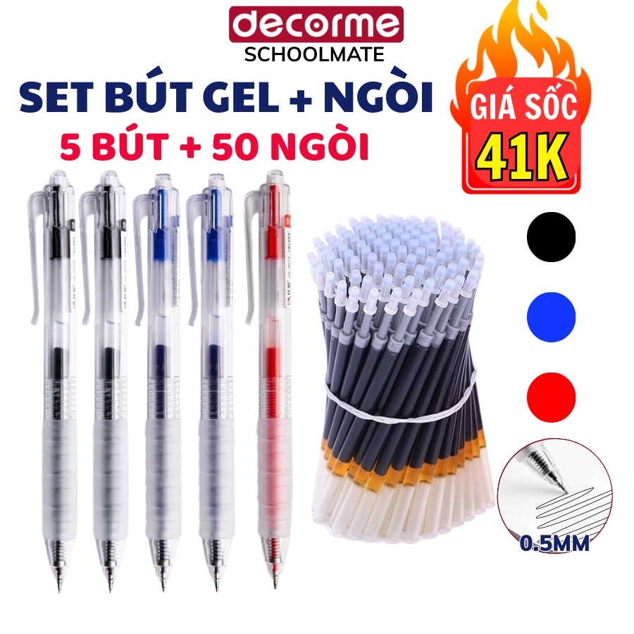 [5 bút + 50 ngòi] Bút Gel Bấm Basic DecorMe Bút Gel mực đen xanh đỏ ngòi 0.5mm bút bấm mực đều khô n