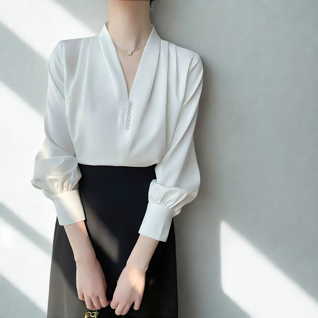 Áo sơ mi lụa cao cấp cổ V ly vải phối phụ kiện cúc ngọc sang trọng mặc đi làm công sở A670 | BigBuy360 - bigbuy360.vn