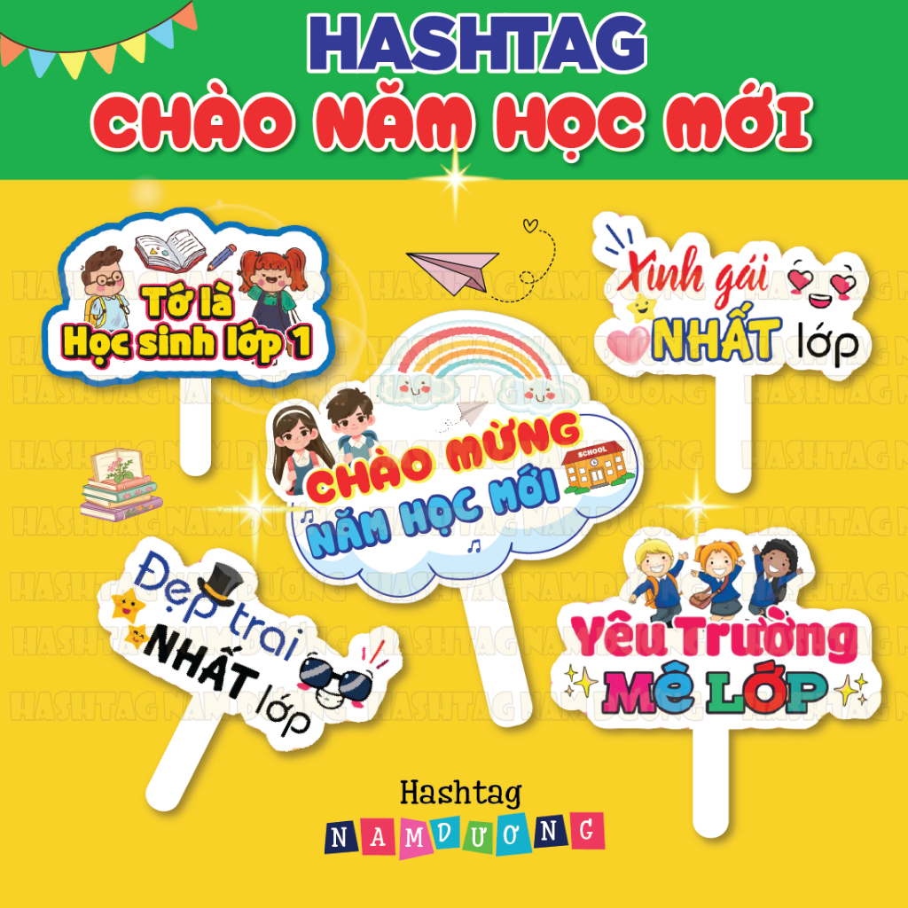 Hashtag Khai giảng, Hashtag mầm non hagtag chụp ảnh Học sinh Trường lớp - Bảng chụp ảnh cầm tay