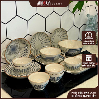 [Nhập khẩu chính ngạch] Combo bát đĩa gốm sứ họa tiết phong cách Nhật Bản - Không chì - Chịu nhiệt cao TC77