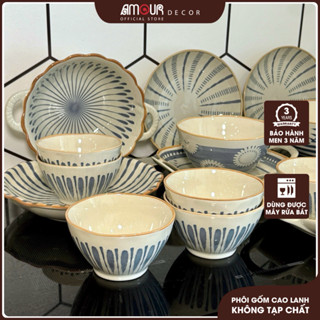 [LẺ] Bộ bát đĩa gốm sứ họa tiết sọc tròn phong cách Nhật Bản TC77