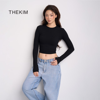 THEKIM Áo croptop dài tay cổ tròn , áo thun tăm cotton tay dài trơn basic cho nữ ôm sát body AD119 croptop