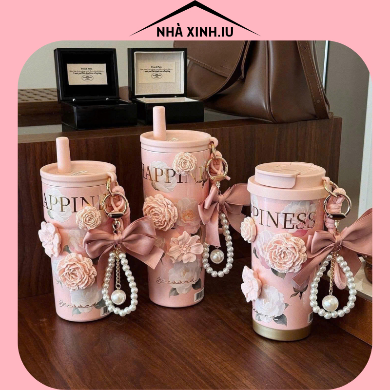Cốc Giữ Nhiệt Hoa Hồng Kèm Sticker 3D Xinh Xắn, Ly Giữ Nhiệt Inox 316 Lõi Tráng Men Sứ Giữ Nhiệt Tốt