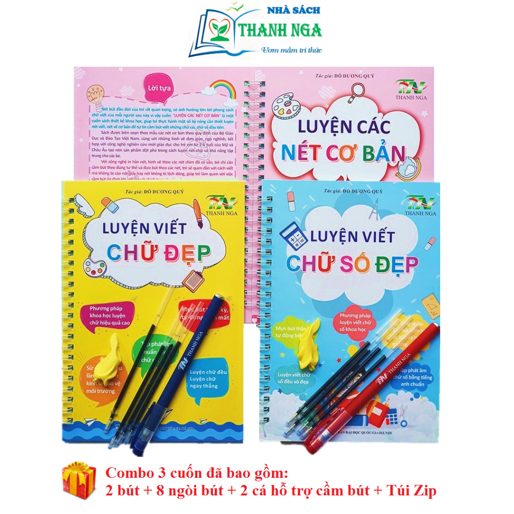 Sách - Vở Luyện Viết Chữ Đẹp, Chữ Số Đẹp, Nét Cơ Bản, Mực Tự Xóa Thông Minh Có Dập Rãnh Thanh Nga