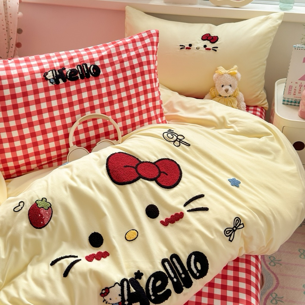 Set Chăn Ga Gối Cotton Đũi Thêu Hello Kitty Ngọt Ngào Đáng Yêu (NHẬN ĐẶT GA THEO YÊU CẦU)(KHÔNG KÈM 