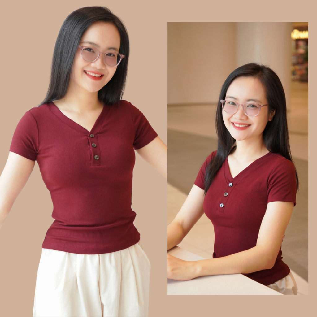 Áo thun nữ JIMA babytee cổ tim đính khuy cúc thun zip co giãn thoáng mát nhẹ 250