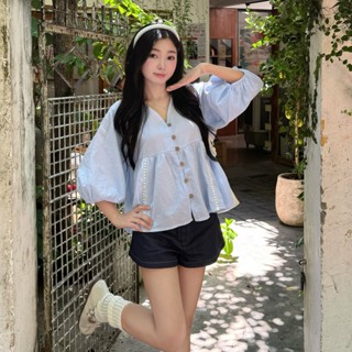   HAVANA  CÓ BIGSIZE - Áo Babydoll SKY Xếp cỗ V tay lửng Phối Ren AO677 