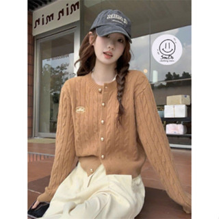  Áo Khoác Len Lông Thỏ Vặn Thừng Cổ Tròn Thêu Chữ Nổi Áo Cardigan Dệt Kim Cổ Tròn Tay Dài Phong Cách Hàn Quốc | Smide 