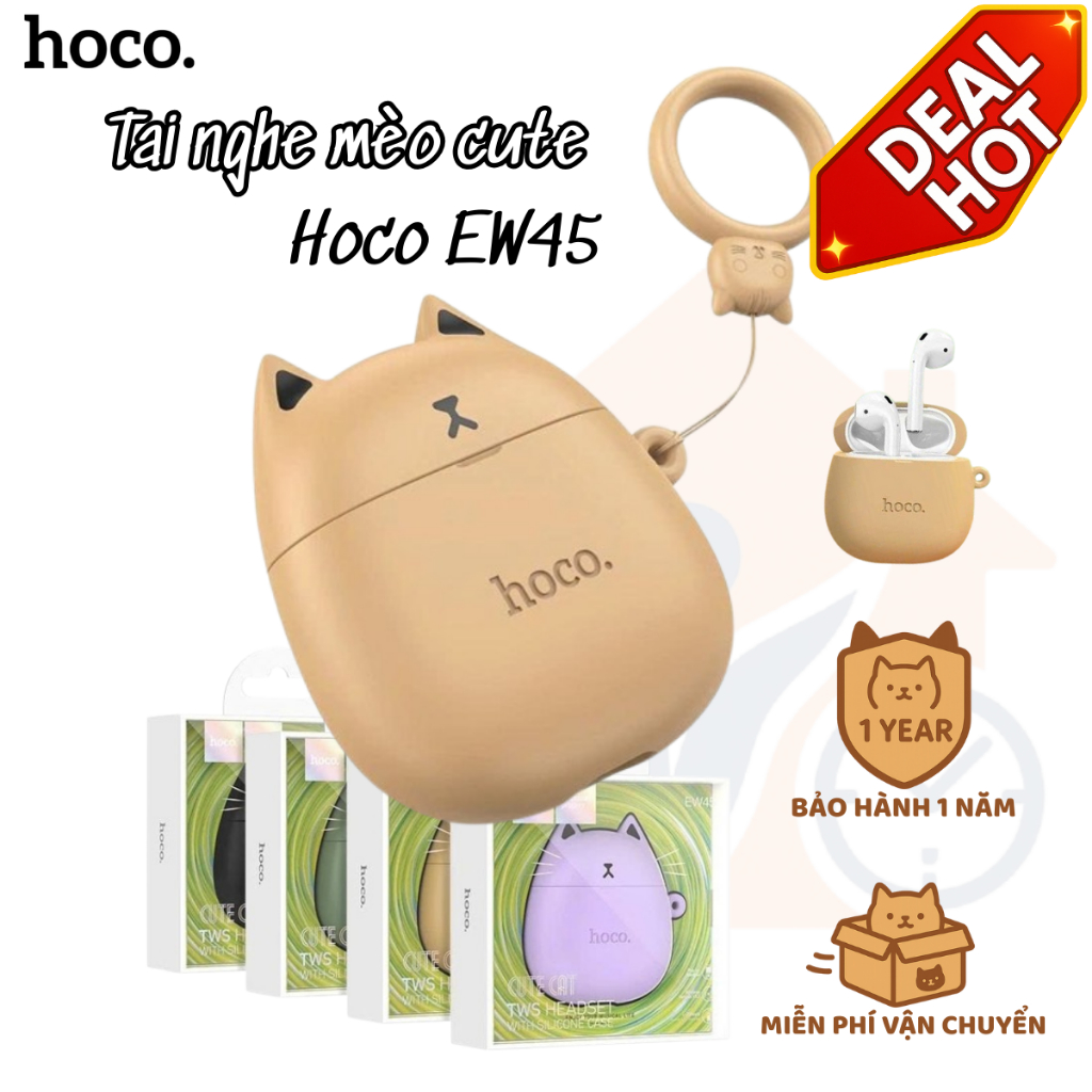 Tai nghe bluetooth Hoco EW45, tai nghe mèo cute có mic đàm thoại, bluetooth 5.3 pin dùng liên tục 4h