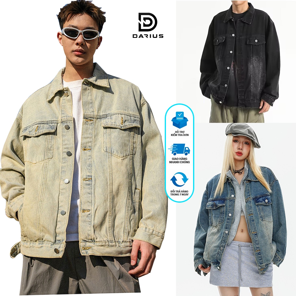 Áo Khoác Jean Bò nam nữ Unisex Darius, áo khoác Denim jacket nam bò form rộng đủ màu big size