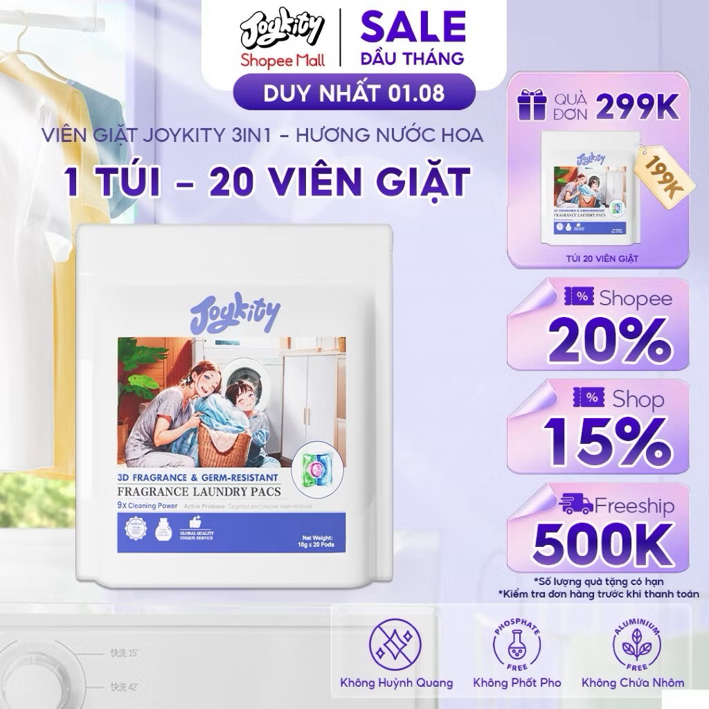 [MUA 1 TẶNG 1] Viên Giặt Hương Nước Hoa Joykity Công Thức 3in1 An Toàn Cho Da Lưu Hương 24 Giờ - 20V
