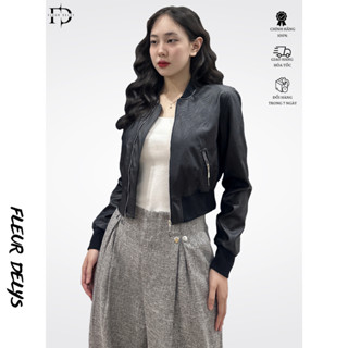  Áo Khoác Da Croptop Nữ Fleurdelys Màu Đen 2 Lớp Khoá Đồng DLAK06 