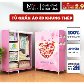  Tủ quần áo hoạ tiết 3D không dệt 2 buồng 6 ngăn tủ vải khung inox cao cấp tủ treo quần áo 