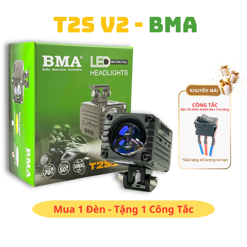 Đèn Trợ Sáng T2S V2 BMA - 60W Chống Chói, Pha Laser Mắt Ếch, Chống Nước IP68 Lắp Oto,Xe Máy... - Bảo