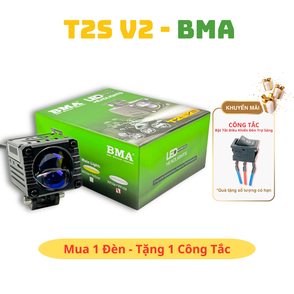 Đèn Trợ Sáng Bi Cầu T2S V2 BMA - 60W Chống Chói, Pha Laser Mắt Ếch, Chống Nước IP68 Lắp Oto,Xe Máy..