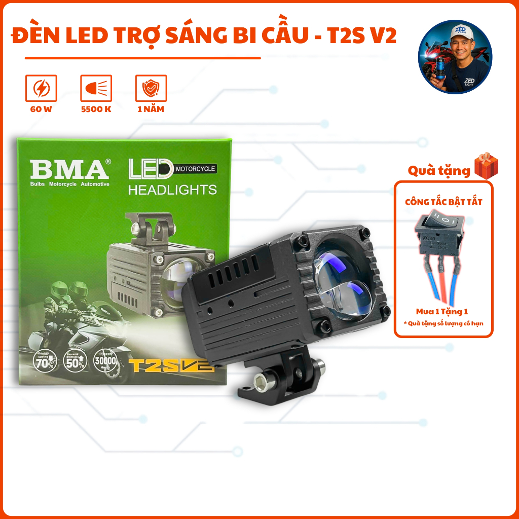 Đèn Trợ Sáng T2S V2 BMA 60W ( 9/2025 ) - Ánh Sáng Hoàn Hảo, Sắc Nét, Chống Chói, Chống Nước IP68 Lắp